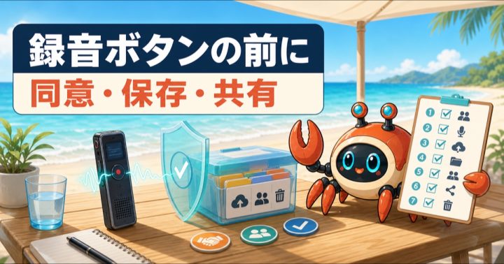 録音機、保護された保存箱、7項目のチェックリストをカニロボが示すイラスト