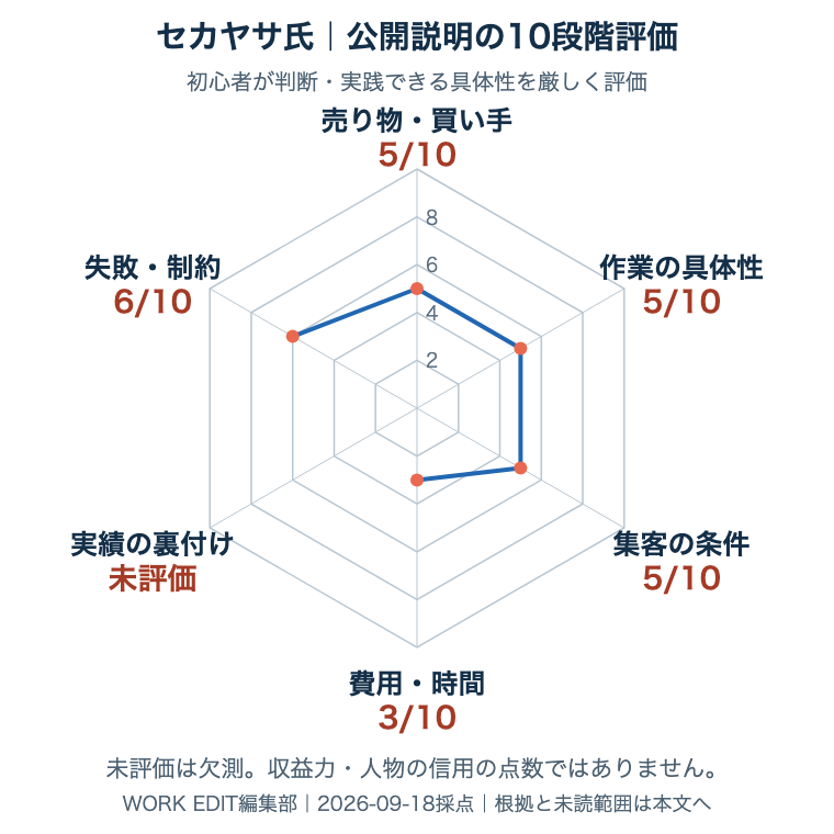 セカヤサ氏の採用公開資料を共通6軸・各10点で評価。未評価は欠測。根拠は次の表へ。