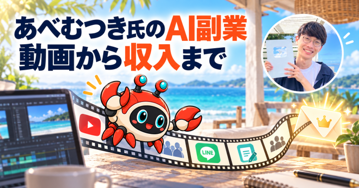 あべむつき氏のXアイコンを参照し、公開発信の収益化手法を分析する記事のイメージ。WORK EDITによる生成画像
