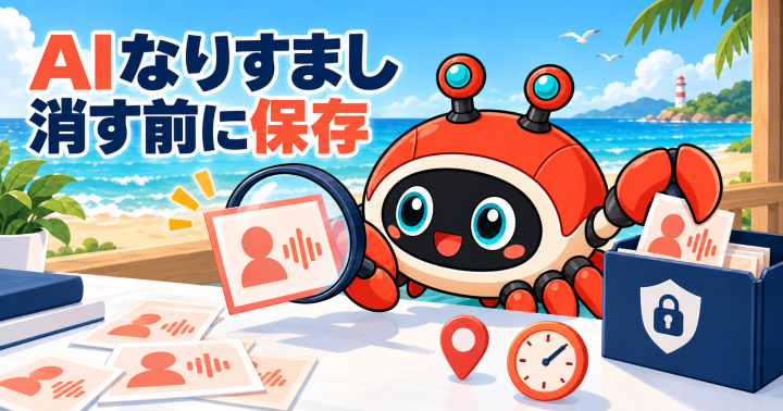 AIなりすまし画像・音声を見つけたら?消す前の証拠保全と相談順の要点を表すWORK EDITサムネイル